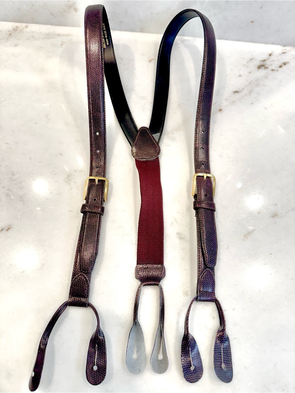 Men's Burgundy Leather Button-Loop Suspenders in Dark Brown